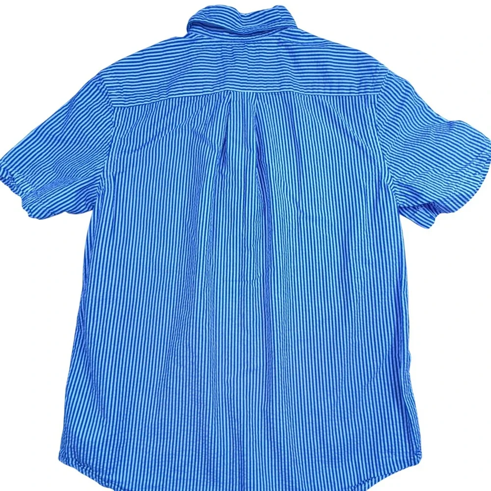 Ralph Lauren Button Down Shirt Boys M 10-12 Blue White Striped Seersucker Pony